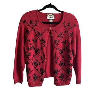Y2K 1999 Tiara Red and Black Floral Embroidered Cardigan Sweater Cottagecore